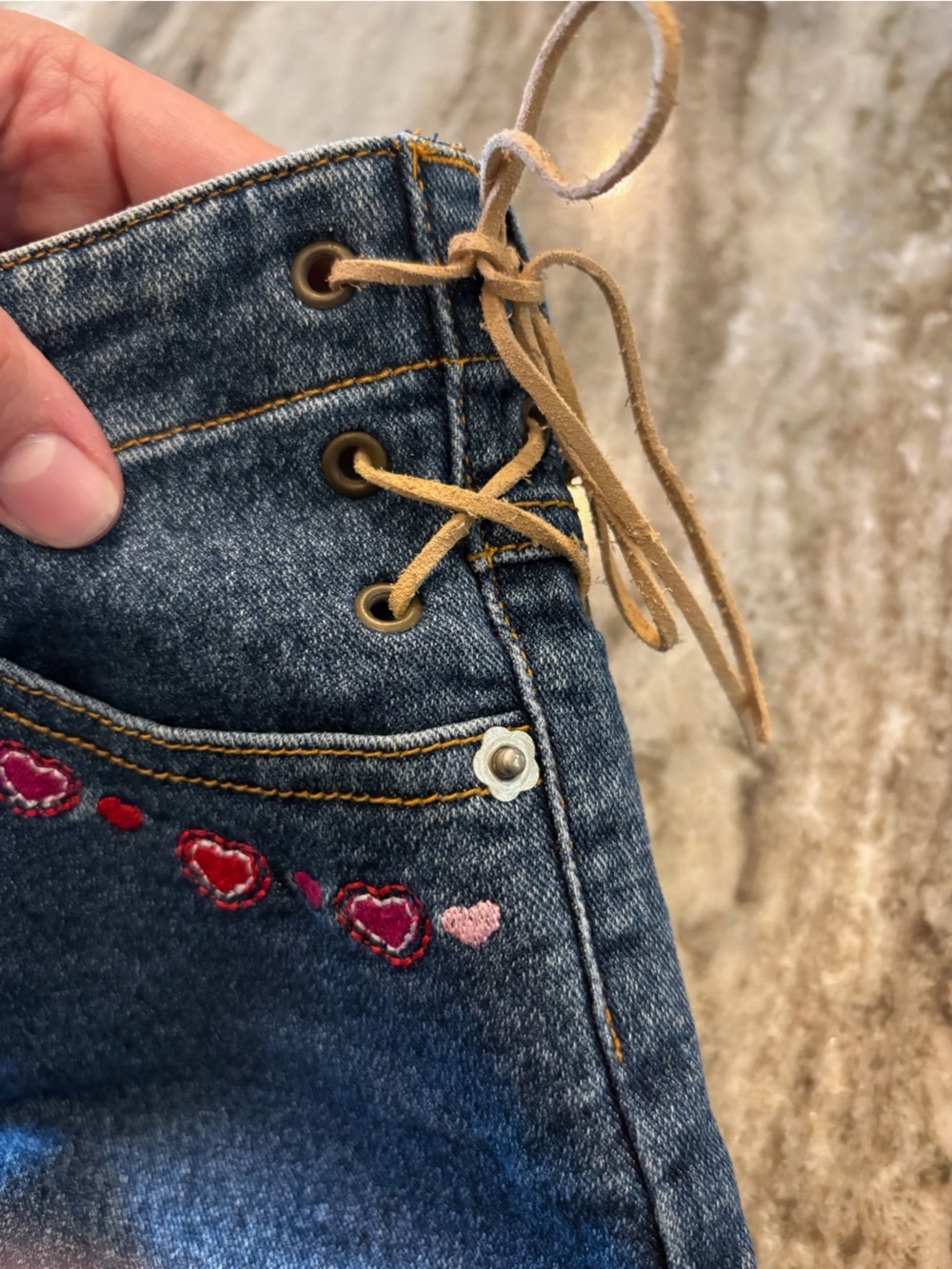 Y2K Kids Denim Pants with Pink & Red Heart Embroidery - Picture 4 of 10